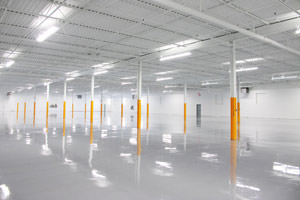 industrial painting of ceiling, walls, beams & epoxy floor in Erie factory